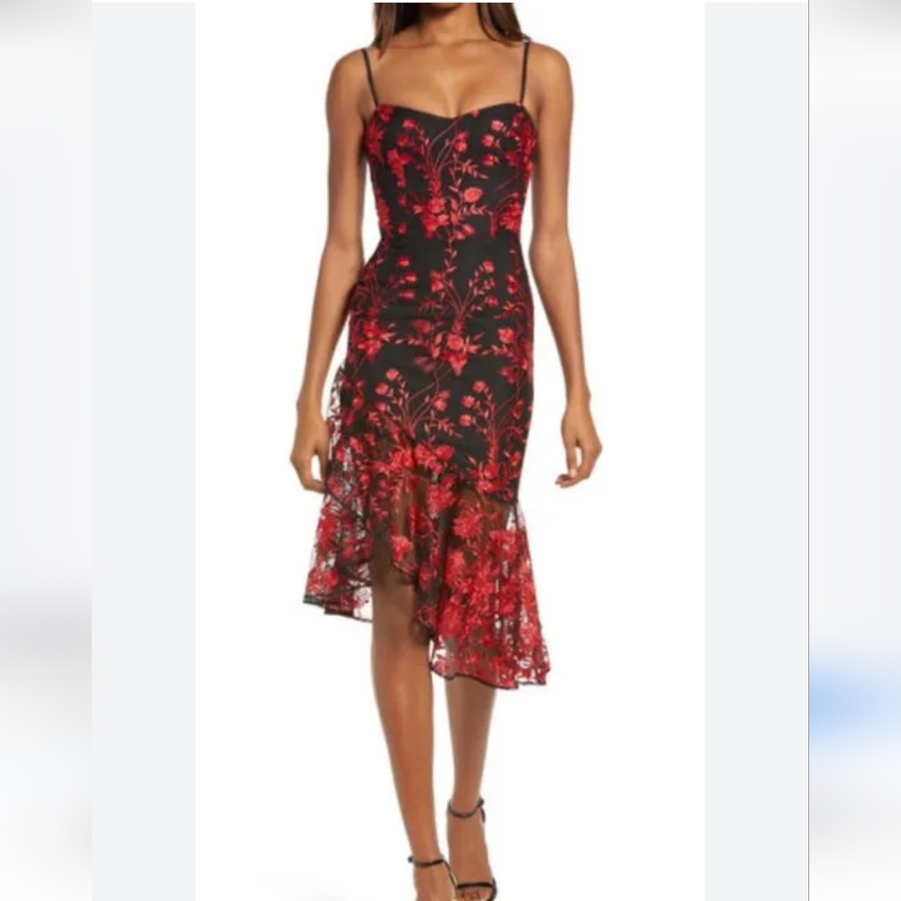 Dress The Population Cantrelle Elegant Floral Dress Ruffle Sweetheart Neckline L